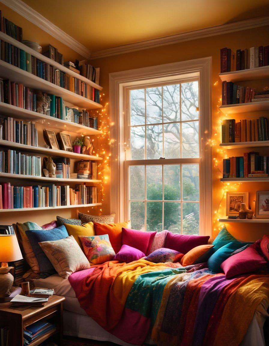 A whimsical scene featuring a cozy, inviting reading nook filled with colorful pillows and blankets, surrounded by shelves overflowing with vibrant book covers and mystical series. Soft sunlight filters through a window, illuminating a steaming cup of tea and an open book with magical illustrations. Floating bubbles and sparkles represent the elated moods inspired by fantastic stories. The atmosphere brims with joy and wonder. super-realistic. vibrant colors. soft lighting.