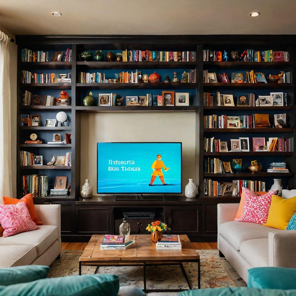 A cozy living room filled with plush sofas and colorful throw pillows, with a large flat-screen TV displaying vibrant scenes from diverse TV shows, showcasing laughter and joy. In the background, there are shelves filled with DVDs and books about television. Soft lighting adds a warm ambiance, inviting viewers in. Illustrations of characters from iconic shows are playfully integrated into the scene. vibrant colors. super-realistic. cozy atmosphere.